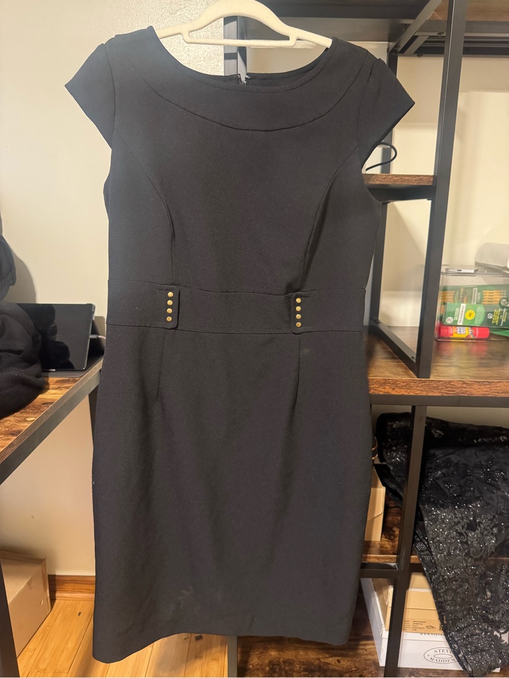 Black Cap-Sleeve Midi Sheath Dress with Gold Accent